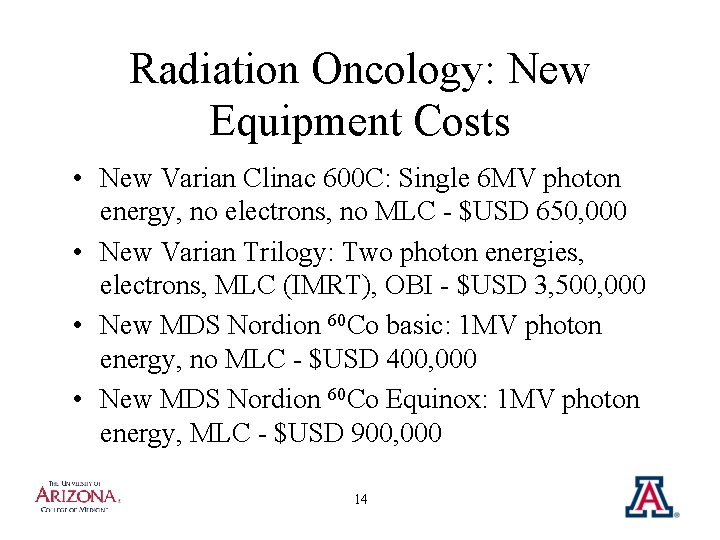 Radiation Oncology: New Equipment Costs • New Varian Clinac 600 C: Single 6 MV