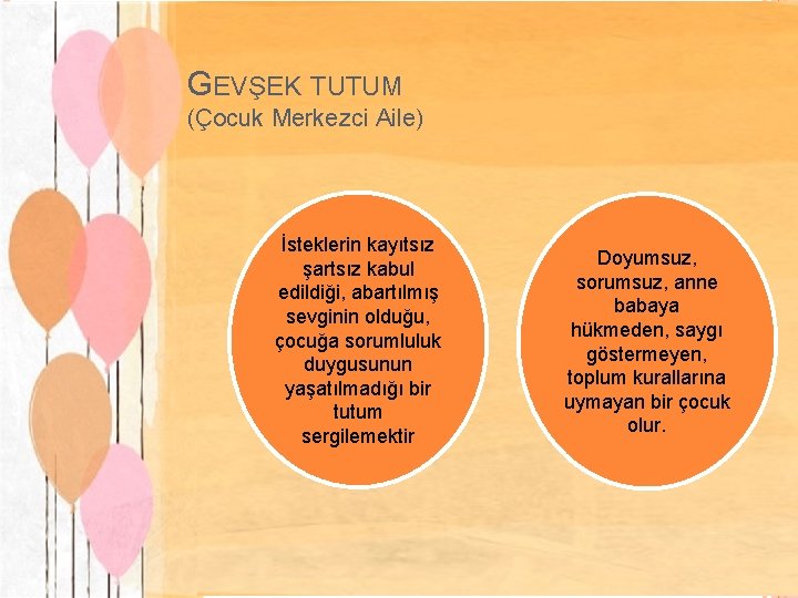 GEVŞEK TUTUM (Çocuk Merkezci Aile) İsteklerin kayıtsız şartsız kabul edildiği, abartılmış sevginin olduğu, çocuğa