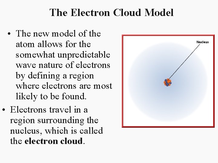 The Electron Cloud Model • The new model of the atom allows for the