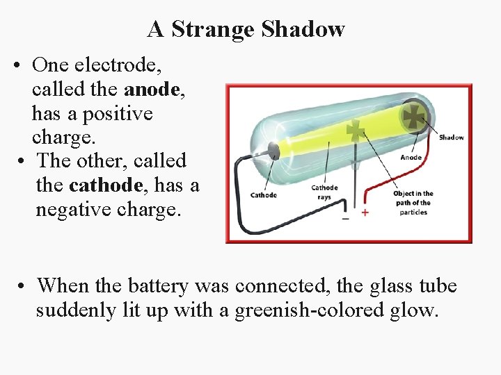 A Strange Shadow • One electrode, called the anode, has a positive charge. •