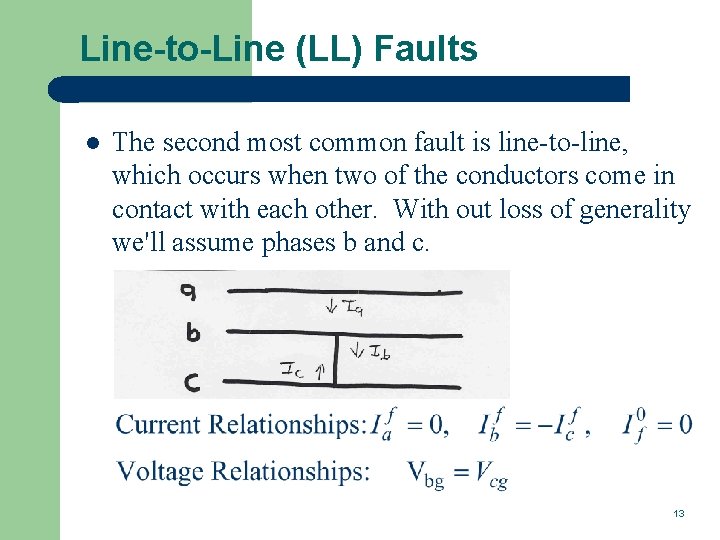 Line-to-Line (LL) Faults l The second most common fault is line-to-line, which occurs when