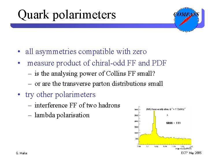 Quark polarimeters • all asymmetries compatible with zero • measure product of chiral-odd FF