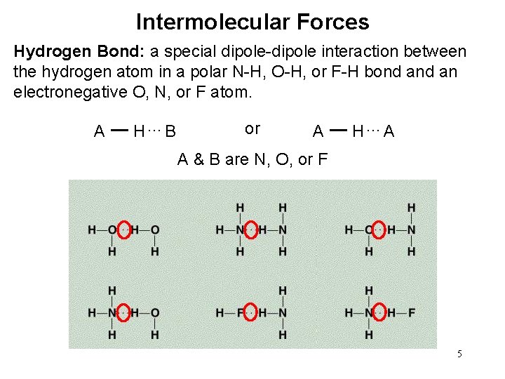 Intermolecular Forces Hydrogen Bond: a special dipole-dipole interaction between the hydrogen atom in a