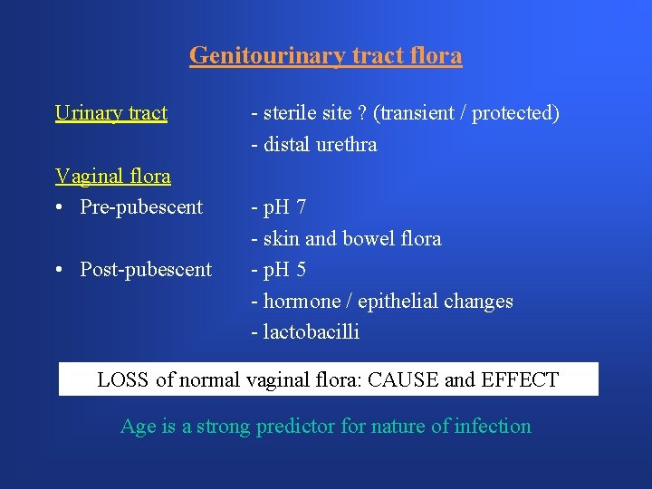 Genitourinary tract flora Urinary tract Vaginal flora • Pre-pubescent • Post-pubescent - sterile site