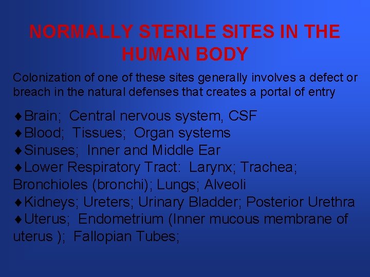 NORMALLY STERILE SITES IN THE HUMAN BODY Colonization of one of these sites generally