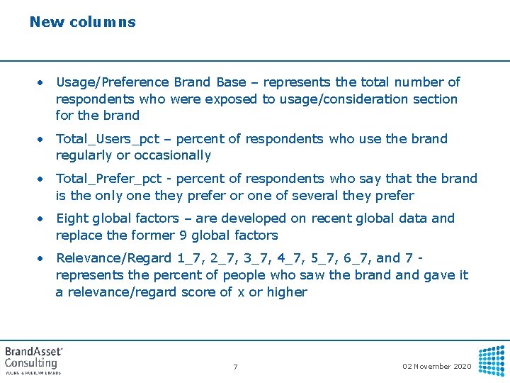 New columns • Usage/Preference Brand Base – represents the total number of respondents who