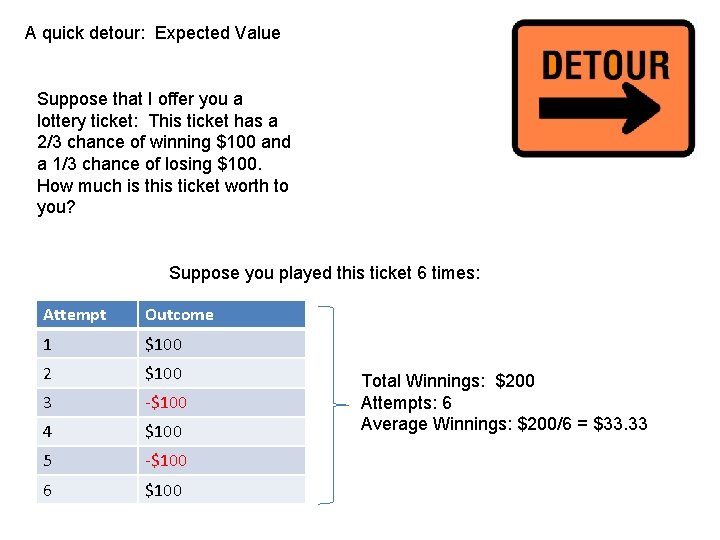 A quick detour: Expected Value Suppose that I offer you a lottery ticket: This