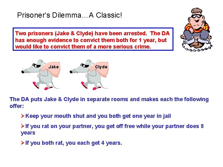 Prisoner’s Dilemma…A Classic! Two prisoners (Jake & Clyde) have been arrested. The DA has