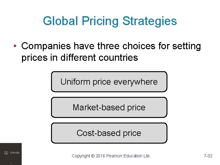 Global Pricing Strategies • Companies have three choices for setting prices in different countries