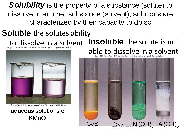 Solubility is the property of a substance (solute) to dissolve in another substance (solvent);