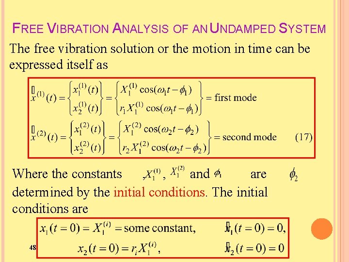 FREE VIBRATION ANALYSIS OF AN UNDAMPED SYSTEM The free vibration solution or the motion