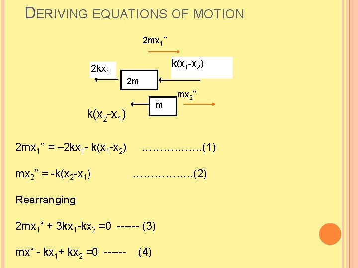 DERIVING EQUATIONS OF MOTION 2 mx 1’’ 2 kx 1 k(x 1 -x 2)