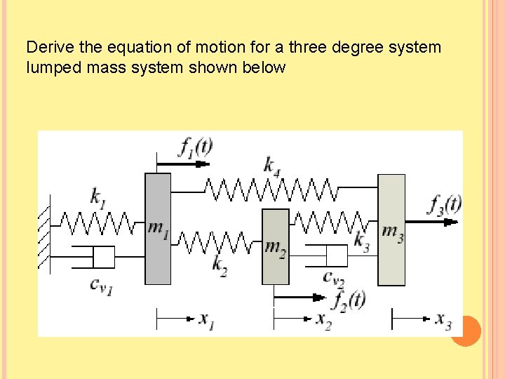 Derive the equation of motion for a three degree system lumped mass system shown