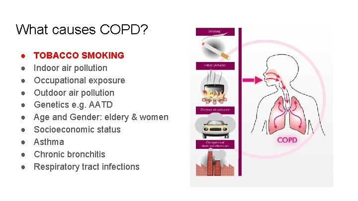 What causes COPD? ● ● ● ● ● TOBACCO SMOKING Indoor air pollution Occupational