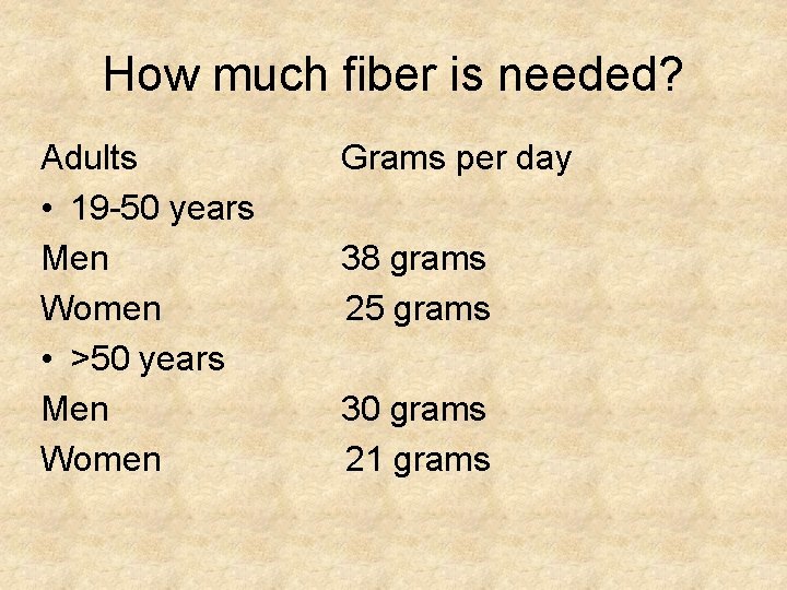 How much fiber is needed? Adults • 19 -50 years Men Women • >50