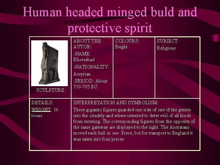 Human headed minged buld and protective spirit SCULPTURE DETAILS: WEIGHT: 16 toons ABOUT THE