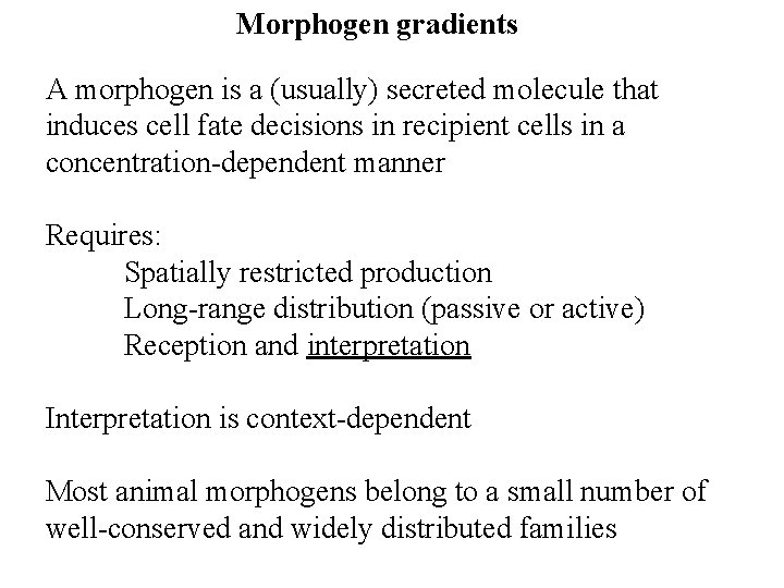 Morphogen gradients A morphogen is a (usually) secreted molecule that induces cell fate decisions Morphogen gradients A morphogen is a (usually) secreted molecule that induces cell fate decisions