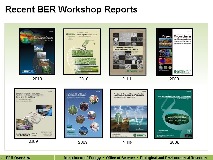 Recent BER Workshop Reports 2010 2009 7 BER Overview 2010 2009 2006 Department of