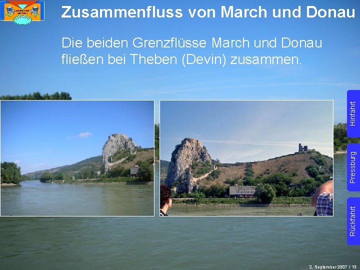 Zusammenfluss von March und Donau Rückfahrt Pressburg Hinfahrt Die beiden Grenzflüsse March und Donau