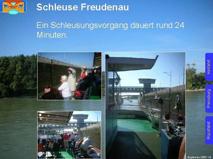 Schleuse Freudenau Rückfahrt Pressburg Hinfahrt Ein Schleusungsvorgang dauert rund 24 Minuten. 2. September 2007