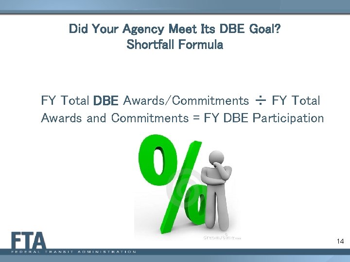 Did Your Agency Meet Its DBE Goal? Shortfall Formula FY Total DBE Awards/Commitments ÷