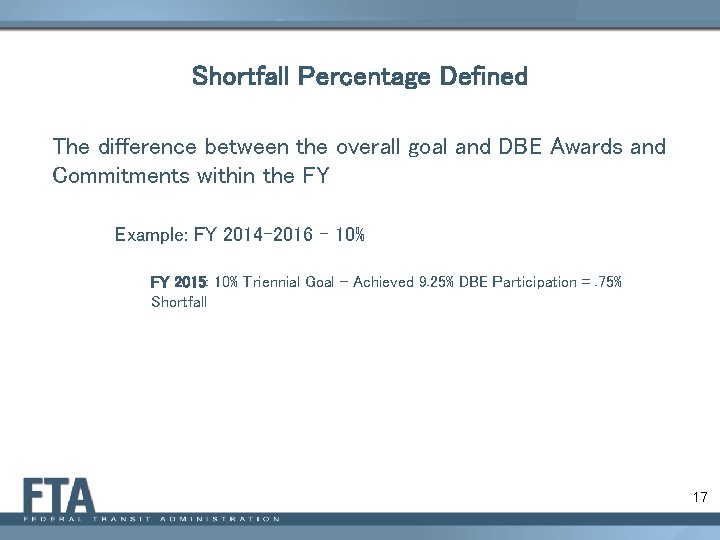 Shortfall Percentage Defined The difference between the overall goal and DBE Awards and Commitments