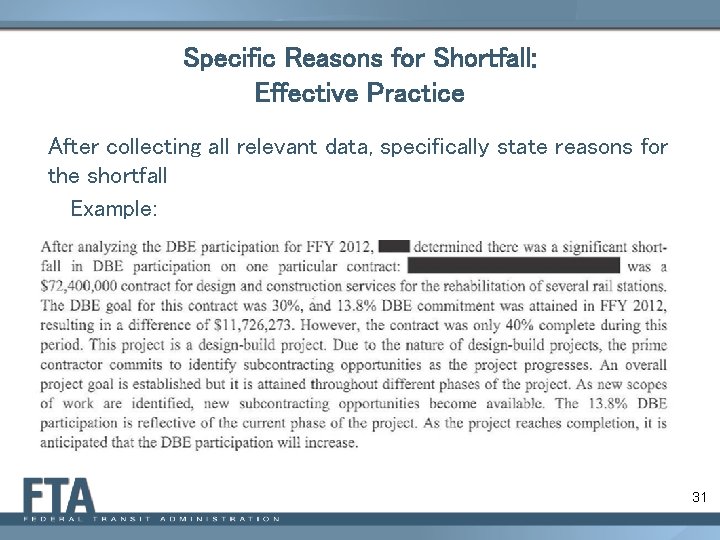 Specific Reasons for Shortfall: Effective Practice After collecting all relevant data, specifically state reasons