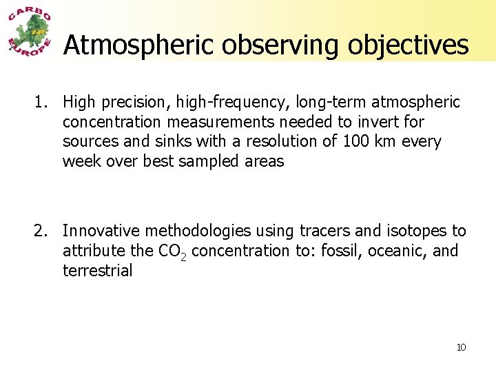 Atmospheric observing objectives 1. High precision, high-frequency, long-term atmospheric concentration measurements needed to invert