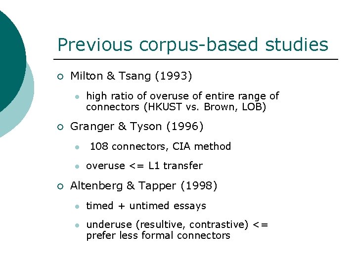 Previous corpus-based studies ¡ Milton & Tsang (1993) l ¡ Granger & Tyson (1996)