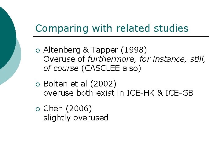 Comparing with related studies ¡ Altenberg & Tapper (1998) Overuse of furthermore, for instance,