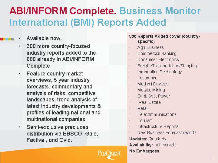 ABI/INFORM Complete. Business Monitor International (BMI) Reports Added Available now. 300 more country-focused industry