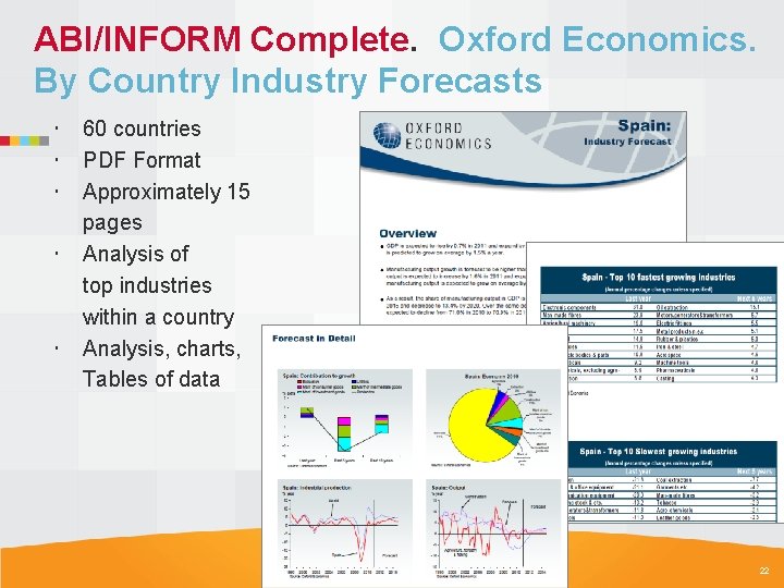 ABI/INFORM Complete. Oxford Economics. By Country Industry Forecasts 60 countries PDF Format Approximately 15