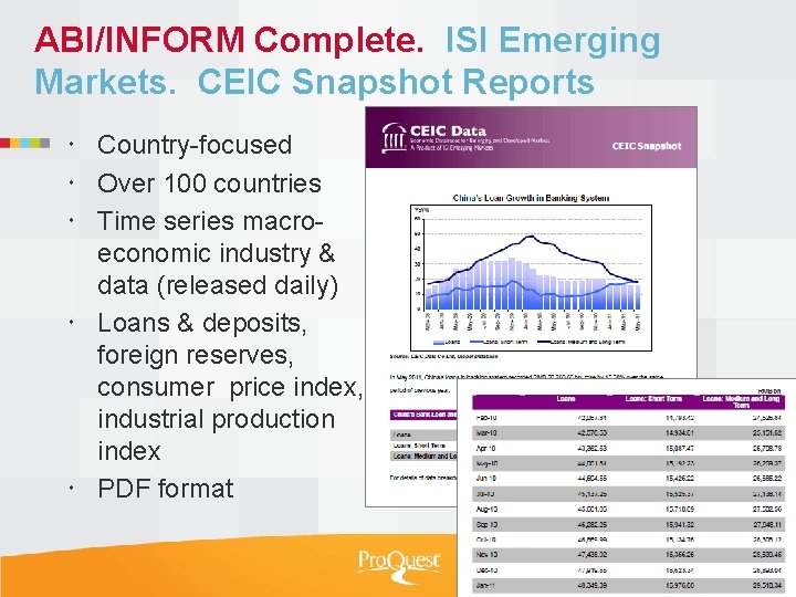 ABI/INFORM Complete. ISI Emerging Markets. CEIC Snapshot Reports Country-focused Over 100 countries Time series