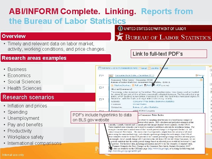 ABI/INFORM Complete. Linking. Reports from the Bureau of Labor Statistics Overview • Timely and