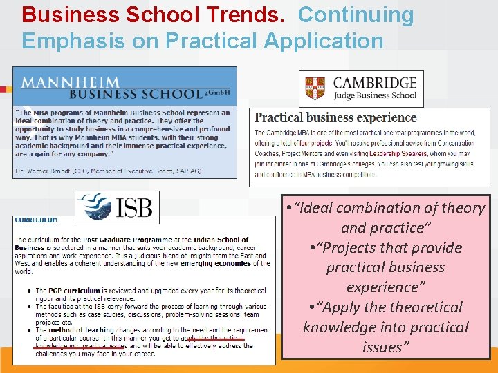 Business School Trends. Continuing Emphasis on Practical Application • “Ideal combination of theory and