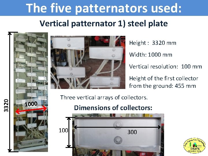 The five patternators used: Vertical patternator 1) steel plate Height : 3320 mm Width: