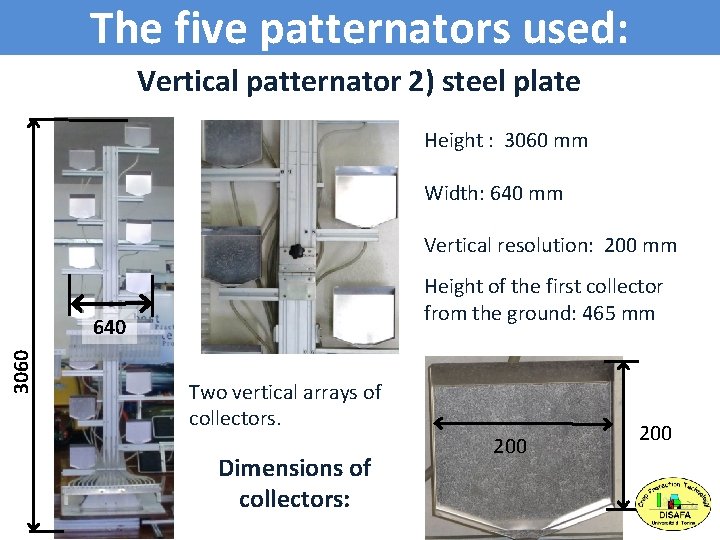 The five patternators used: Vertical patternator 2) steel plate Height : 3060 mm Width: