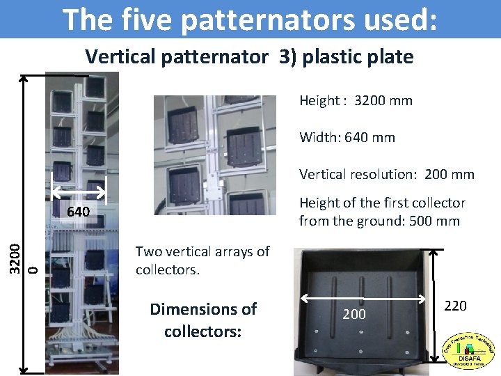 The five patternators used: Vertical patternator 3) plastic plate Height : 3200 mm Width: