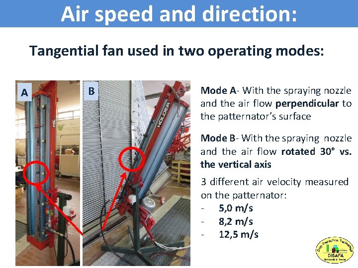 Air speed and direction: Tangential fan used in two operating modes: A B Mode