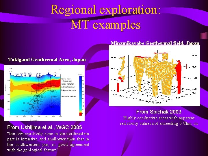 Regional exploration: MT examples Minamikayabe Geothermal field, Japan Takigami Geothermal Area, Japan From Spichak
