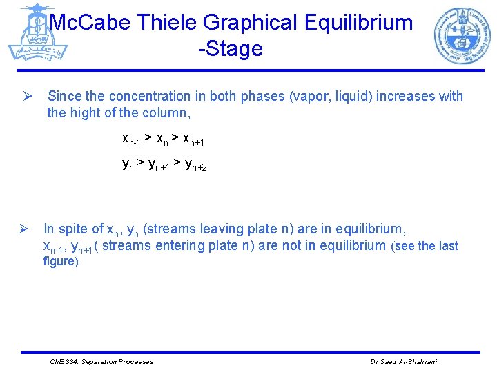 Mc. Cabe Thiele Graphical Equilibrium -Stage Ø Since the concentration in both phases (vapor,