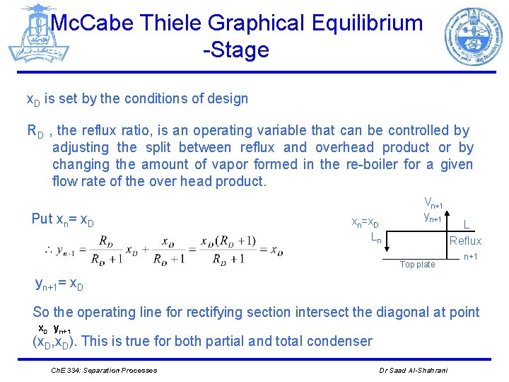 Mc. Cabe Thiele Graphical Equilibrium -Stage x. D is set by the conditions of