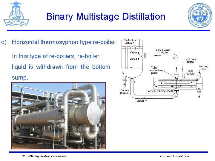 Binary Multistage Distillation c) Horizontal thermosyphon type re-boiler. In this type of re-boilers, re-boiler