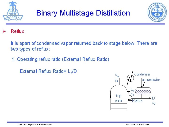 Binary Multistage Distillation Ø Reflux It is apart of condensed vapor returned back to