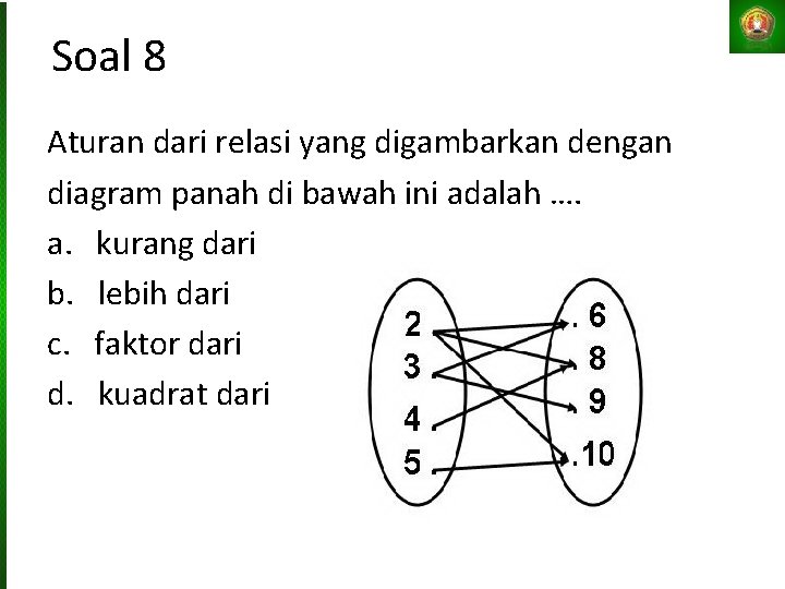 Soal 8 Aturan dari relasi yang digambarkan dengan diagram panah di bawah ini adalah