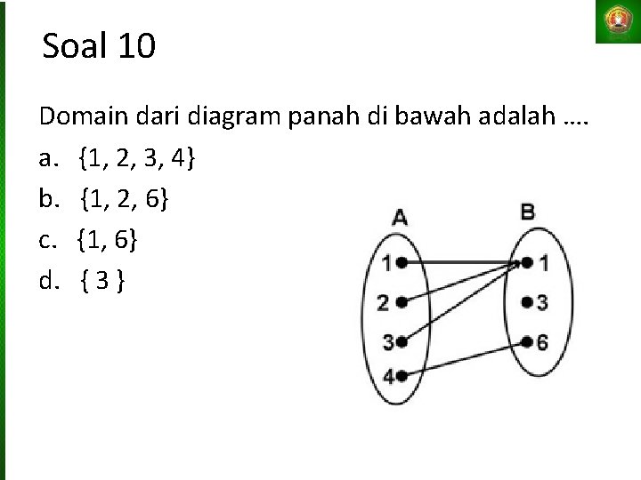 Soal 10 Domain dari diagram panah di bawah adalah …. a. {1, 2, 3,