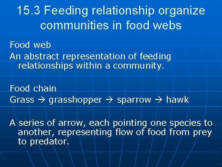 15. 3 Feeding relationship organize communities in food webs Food web An abstract representation