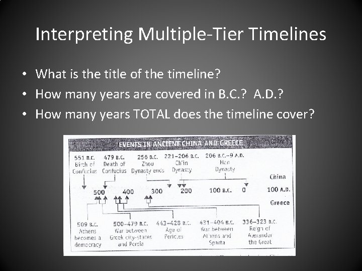 Interpreting Multiple-Tier Timelines • What is the title of the timeline? • How many