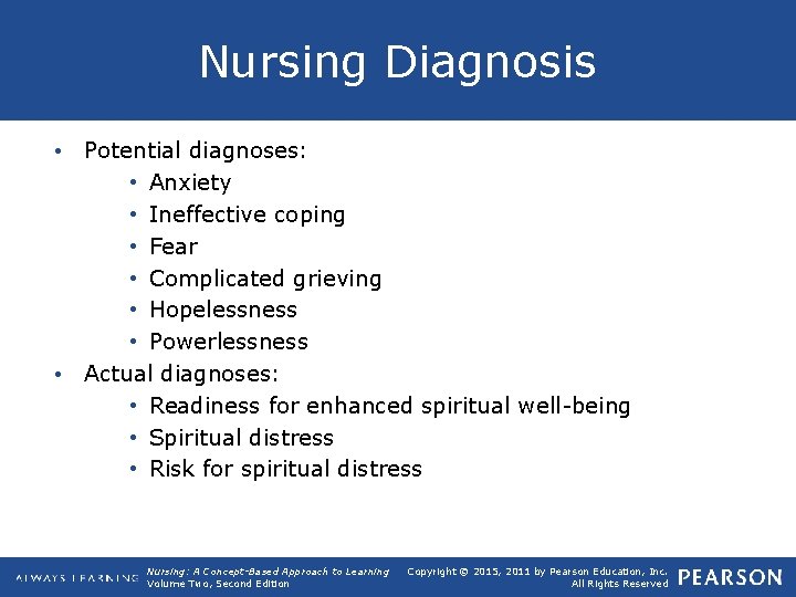 Nursing Diagnosis • Potential diagnoses: • Anxiety • Ineffective coping • Fear • Complicated
