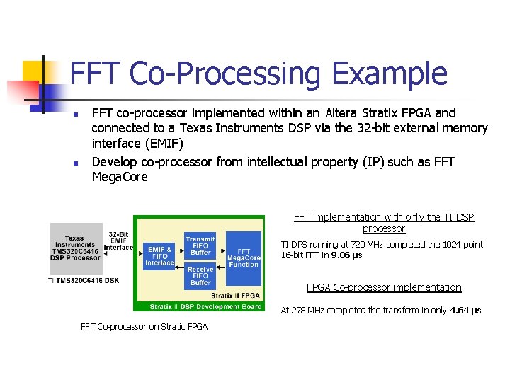 FFT Co-Processing Example n n FFT co-processor implemented within an Altera Stratix FPGA and